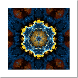 Psychedelic Mandala Flower Blue Yellow and Orange Posters and Art